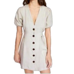 Zara Linen Neutral Safari Button Down Short Puff Sleeve Dress Large